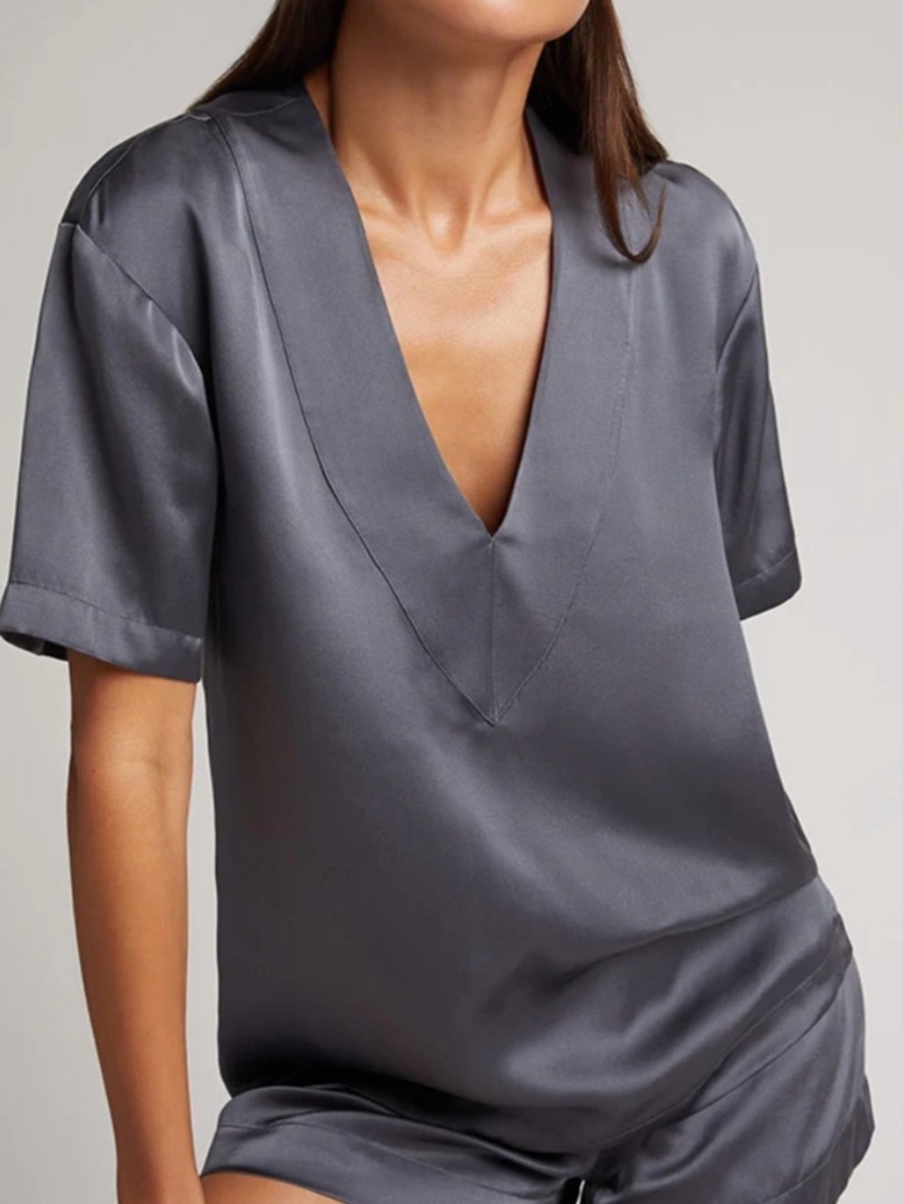 Negative Eclipse Washable 100% Silk Deep V Top Graphite Charcoal Grey Medium